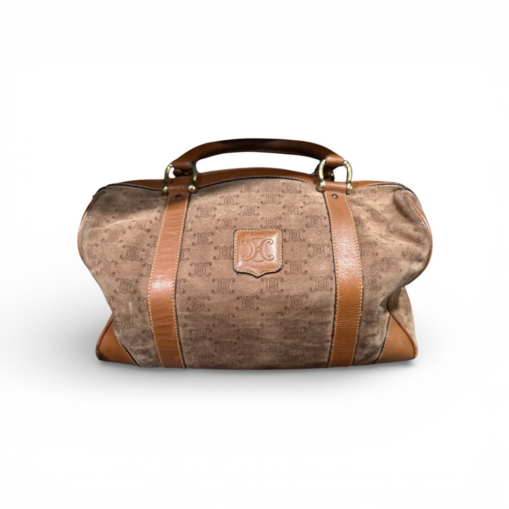 Vintage Celine Macadam Suede Boston Bag Brown Monogram Leather Trim Top Handle - Picture 3 of 13